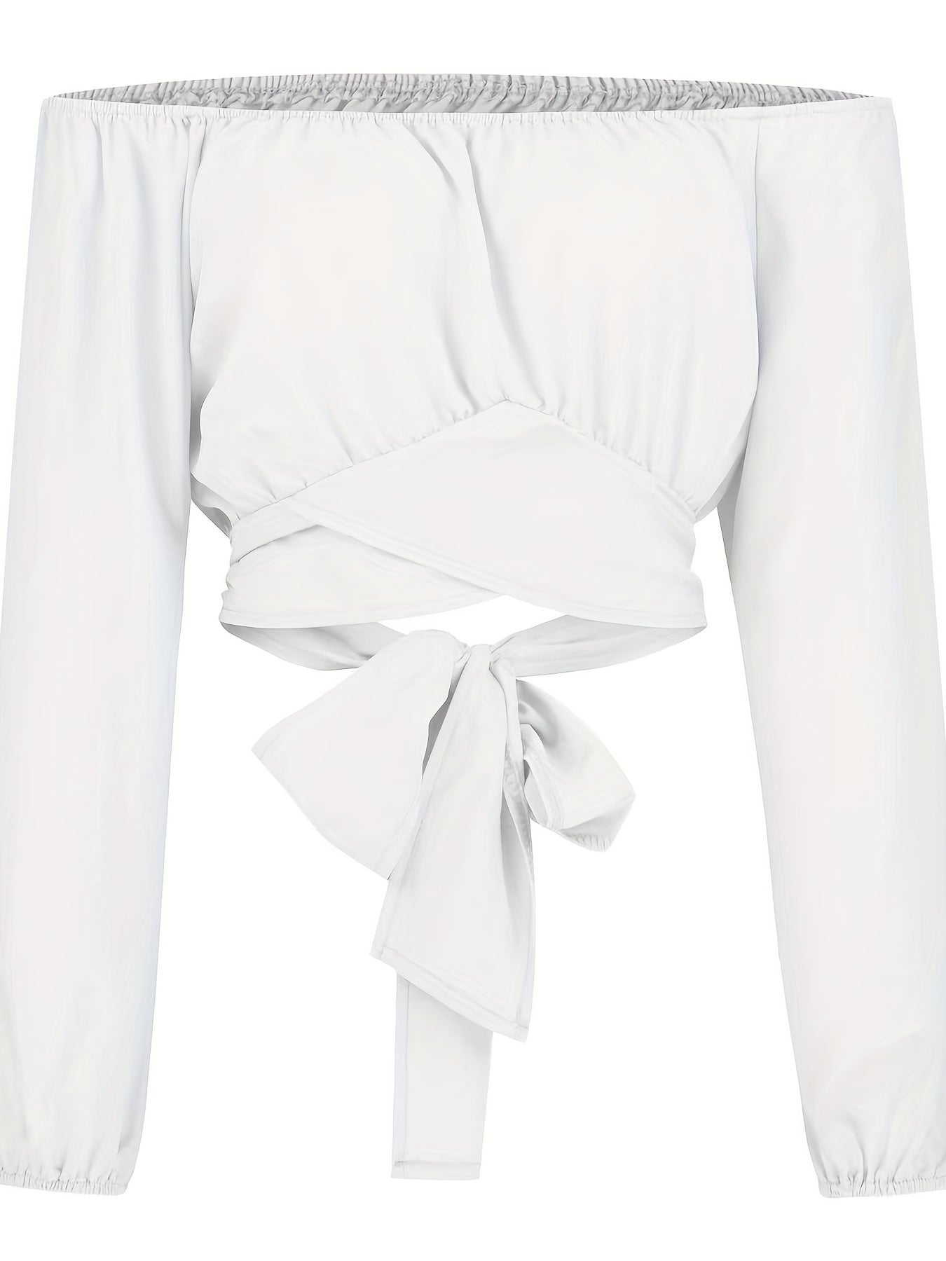 Solid Cross Tie Back Crop Blouse: Casual Off Shoulder Long Sleeve