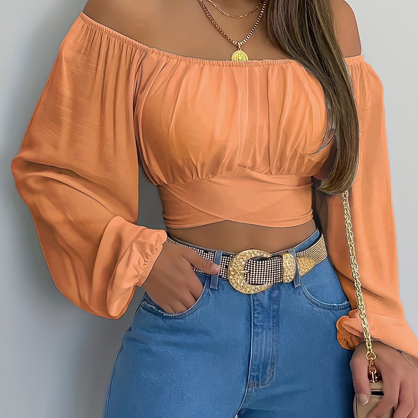 Solid Cross Tie Back Crop Blouse: Casual Off Shoulder Long Sleeve