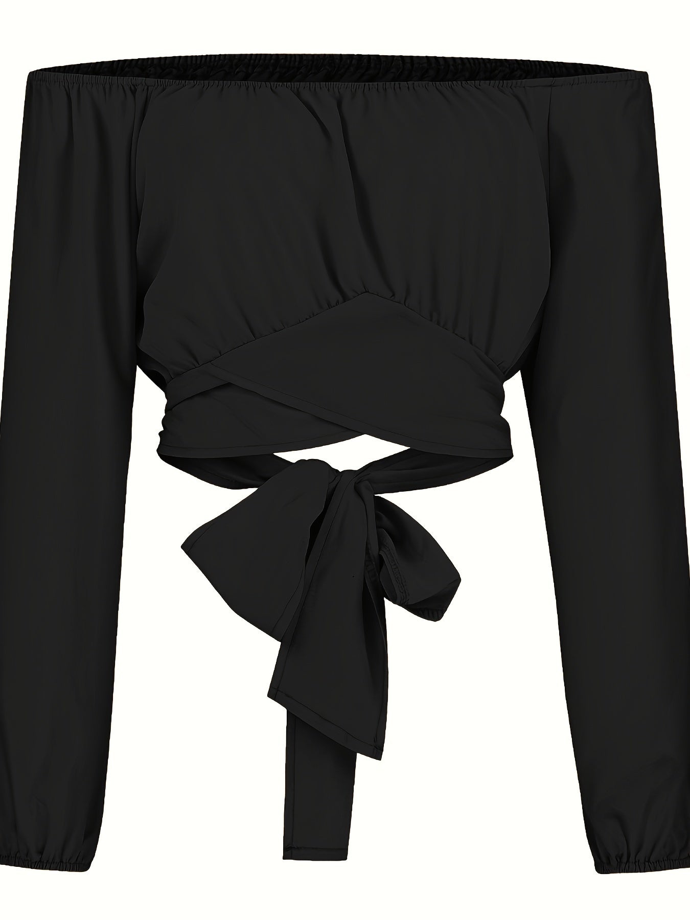 Solid Cross Tie Back Crop Blouse: Casual Off Shoulder Long Sleeve