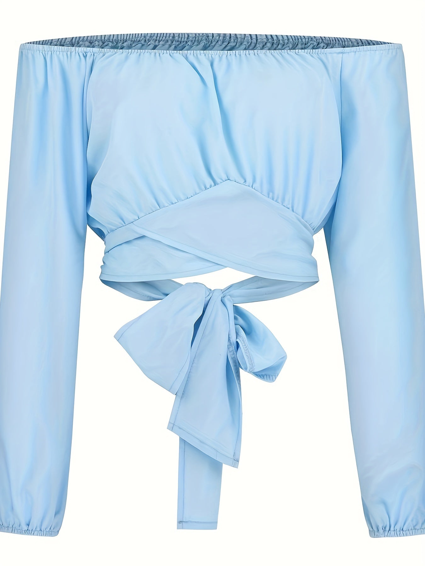 Solid Cross Tie Back Crop Blouse: Casual Off Shoulder Long Sleeve