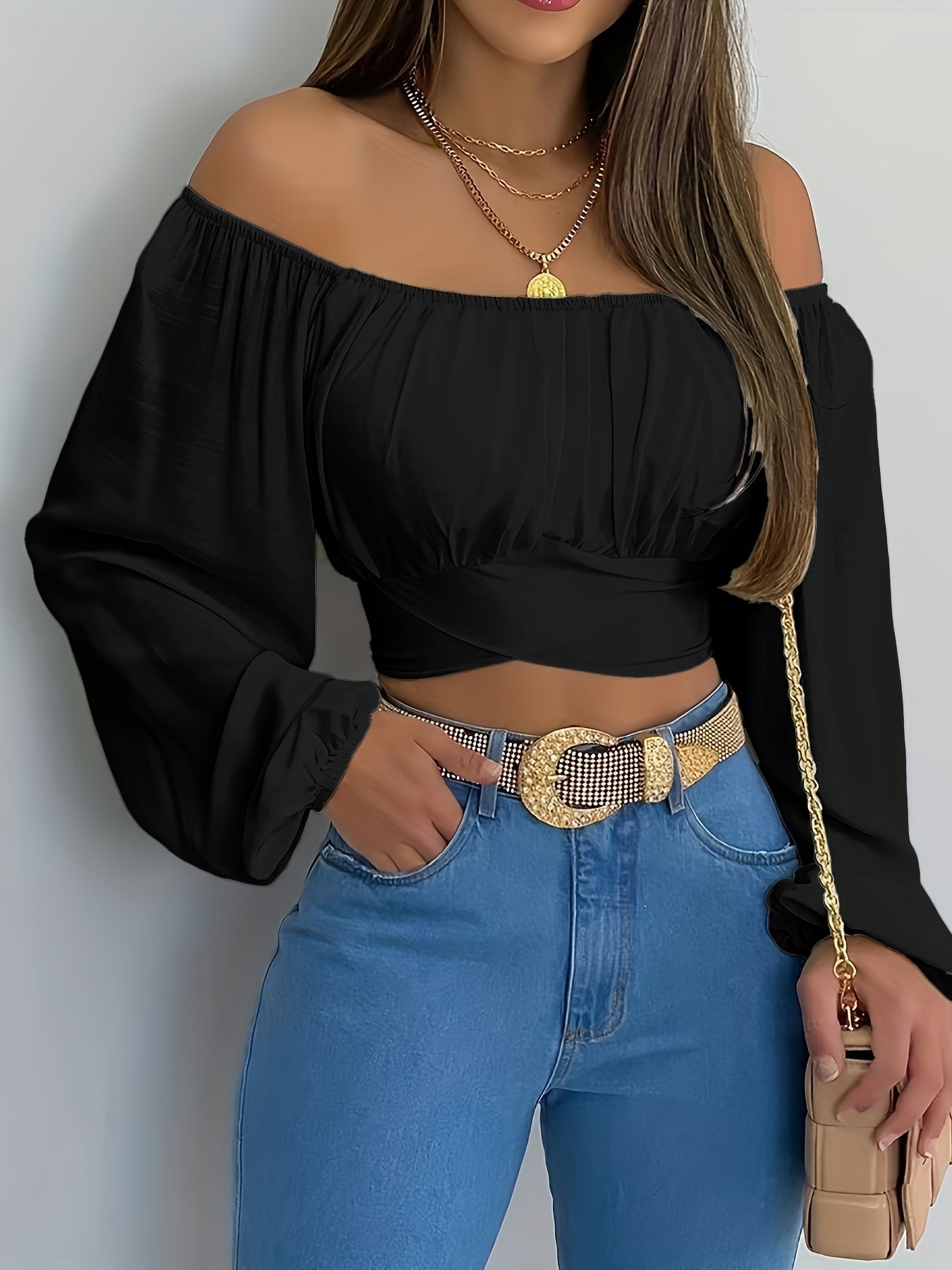 Solid Cross Tie Back Crop Blouse: Casual Off Shoulder Long Sleeve