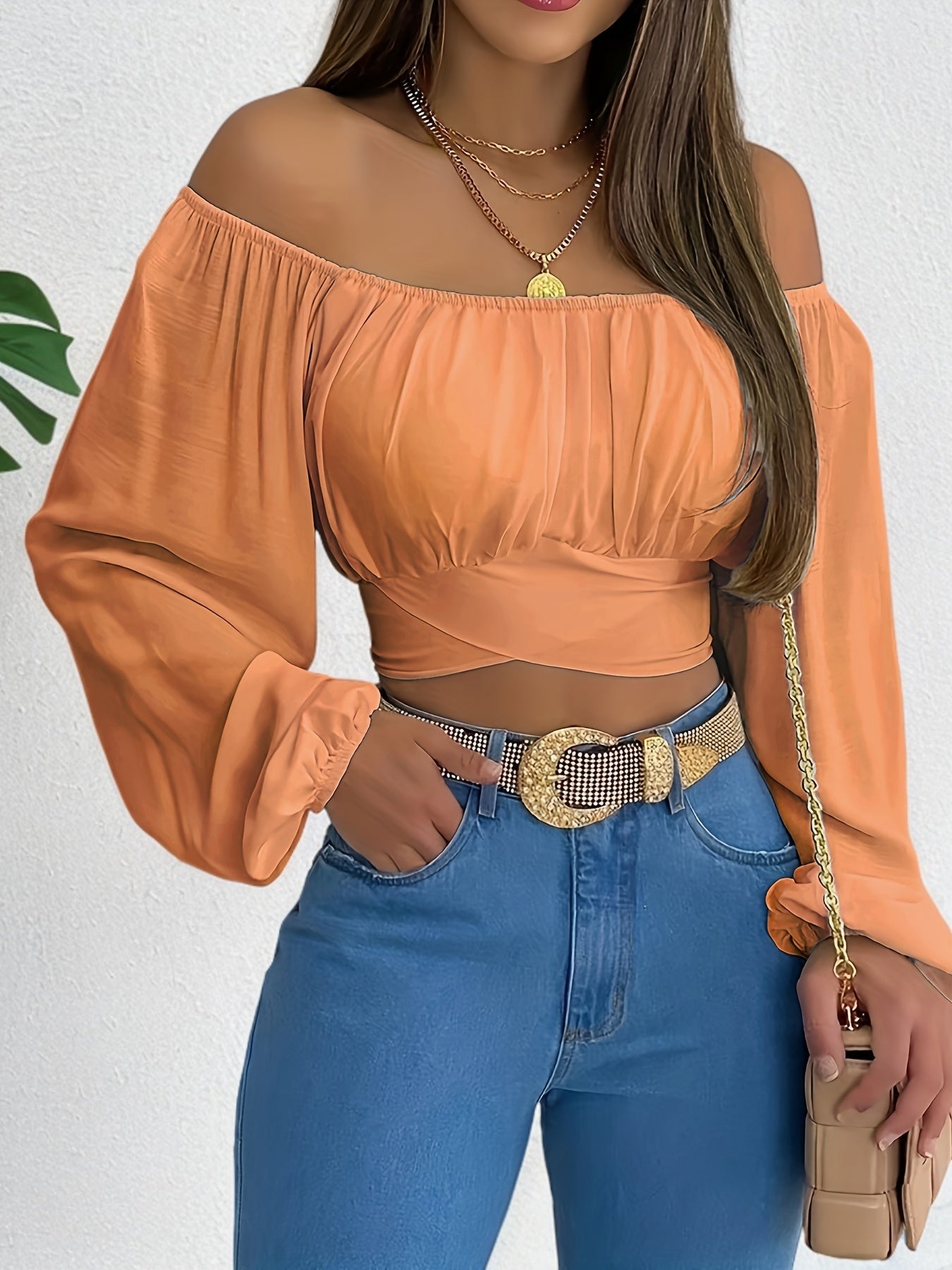 Solid Cross Tie Back Crop Blouse: Casual Off Shoulder Long Sleeve