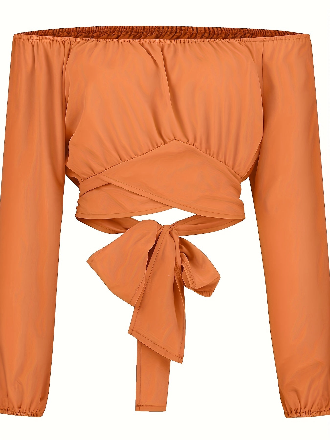 Solid Cross Tie Back Crop Blouse: Casual Off Shoulder Long Sleeve