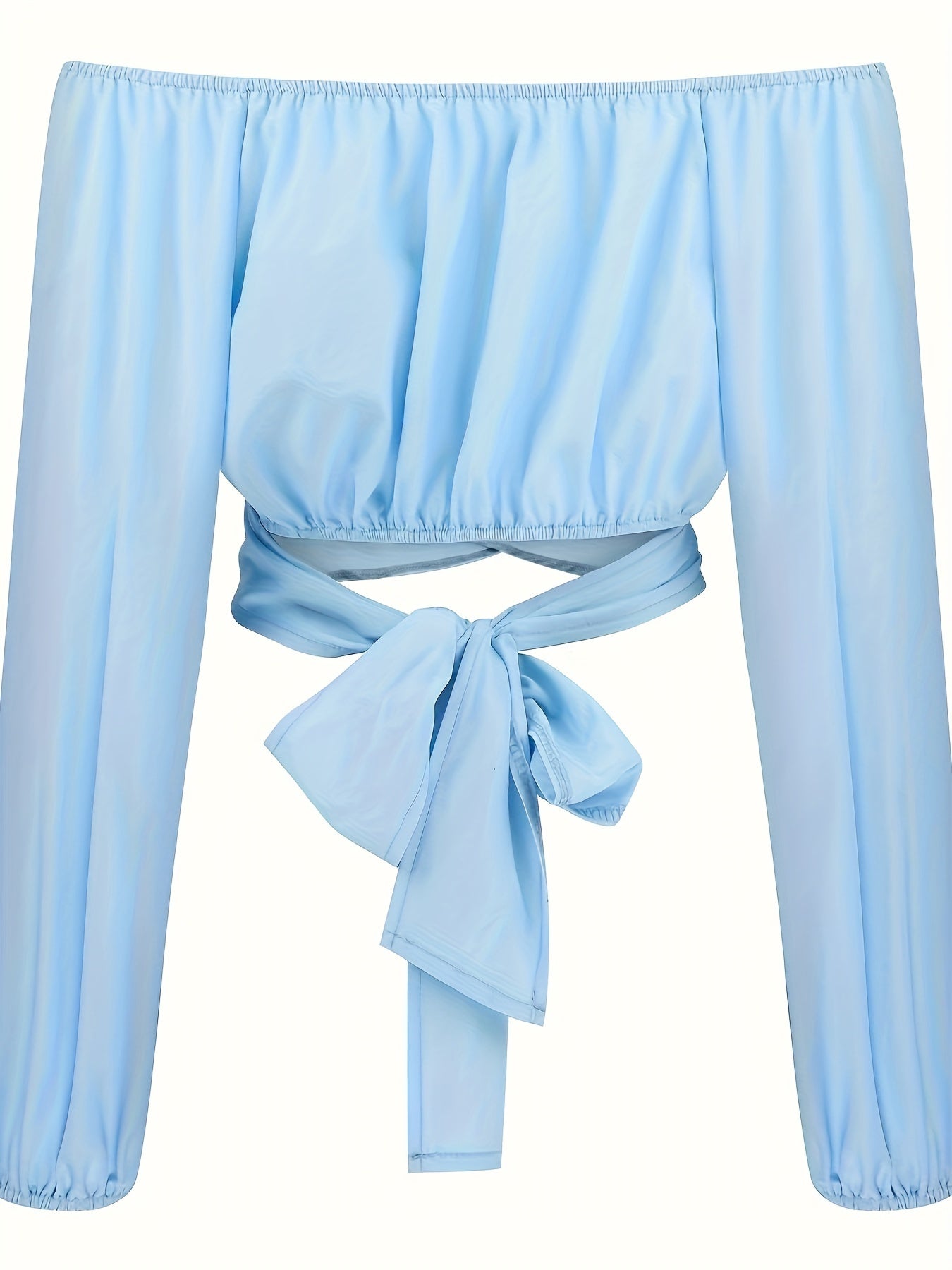 Solid Cross Tie Back Crop Blouse: Casual Off Shoulder Long Sleeve