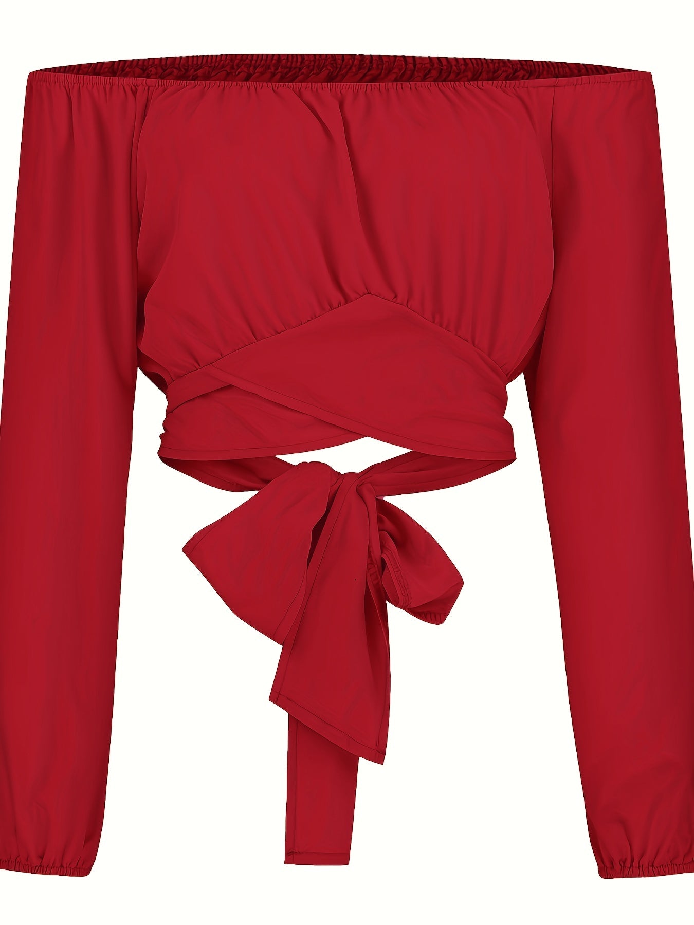 Solid Cross Tie Back Crop Blouse: Casual Off Shoulder Long Sleeve