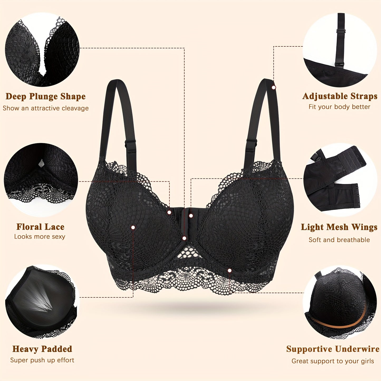 Plus Size Elegant Push Up Bra - Lifts and Shapes, Provides Stable Support with Underwire, Offers Ultimate Comfort with Padded Cups