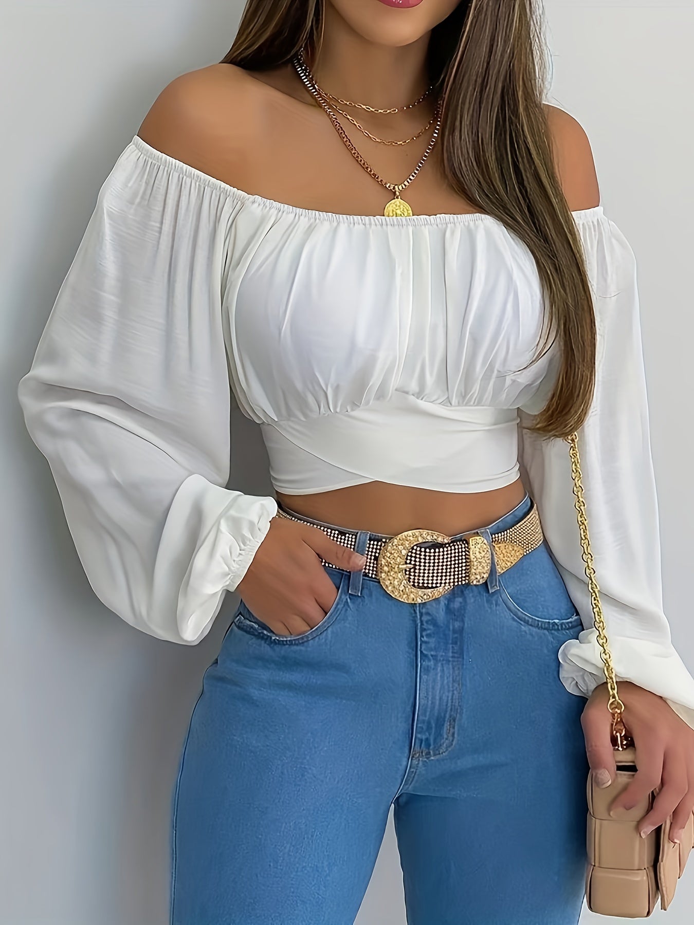Solid Cross Tie Back Crop Blouse: Casual Off Shoulder Long Sleeve