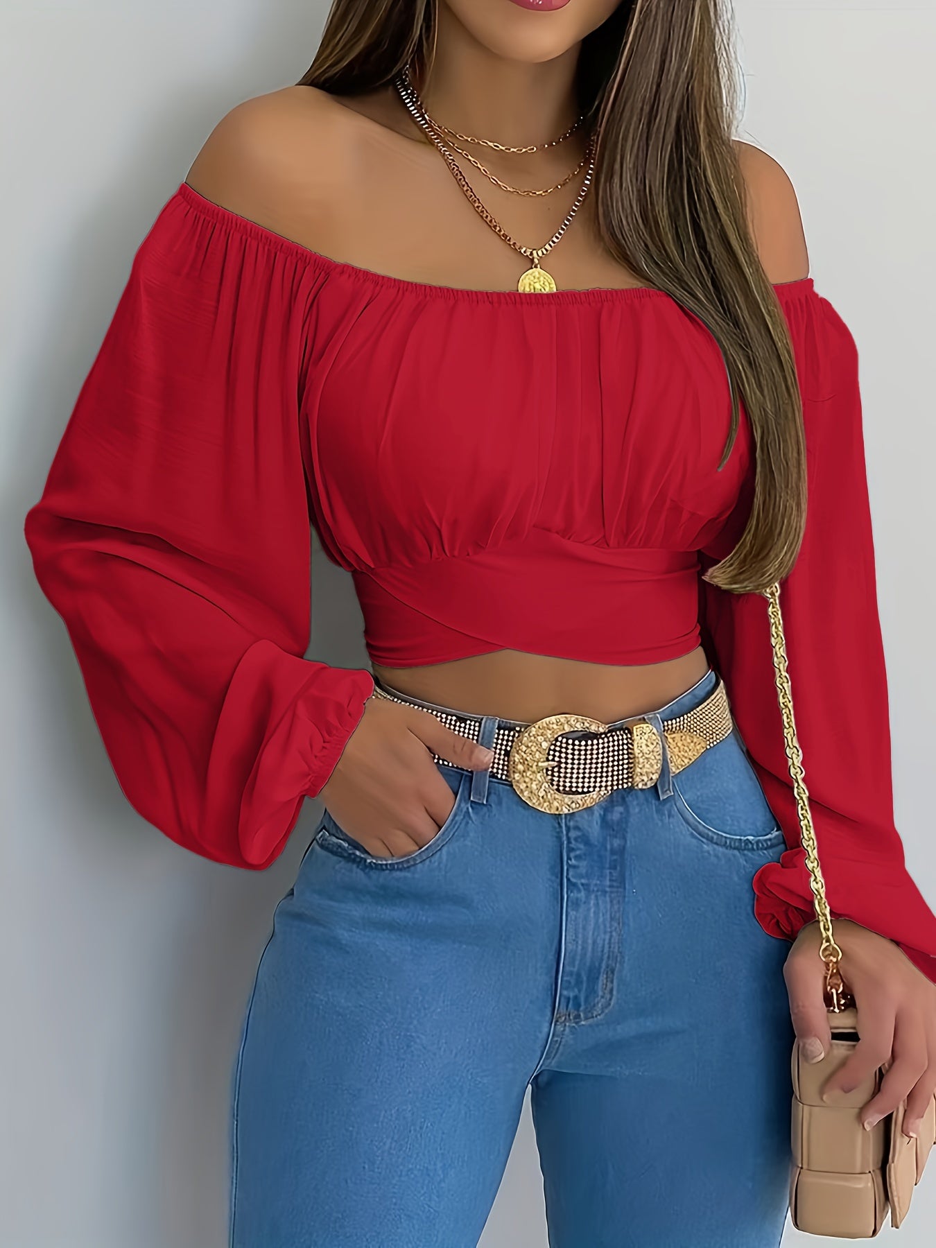 Solid Cross Tie Back Crop Blouse: Casual Off Shoulder Long Sleeve