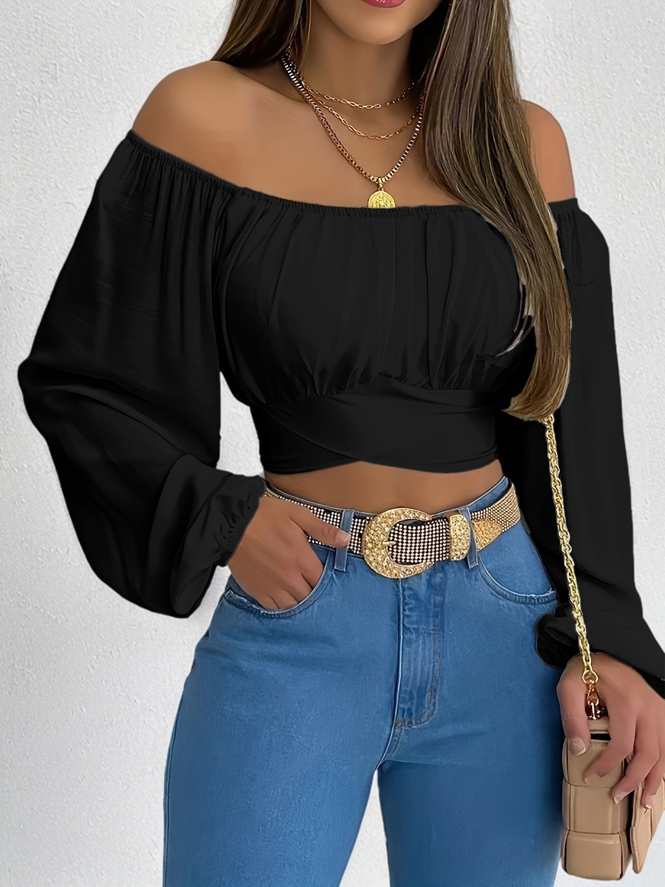 Solid Cross Tie Back Crop Blouse: Casual Off Shoulder Long Sleeve