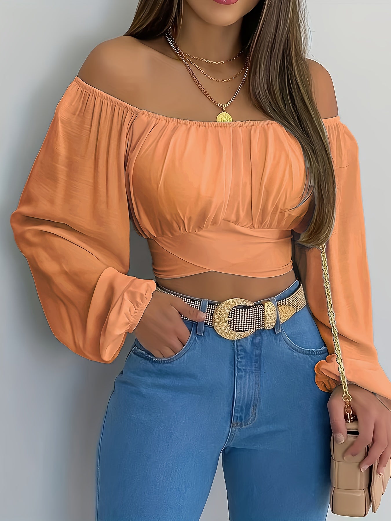 Solid Cross Tie Back Crop Blouse: Casual Off Shoulder Long Sleeve