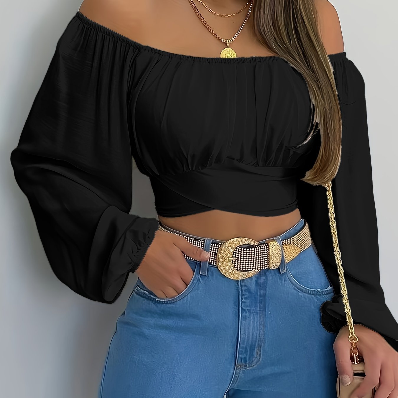 Solid Cross Tie Back Crop Blouse: Casual Off Shoulder Long Sleeve