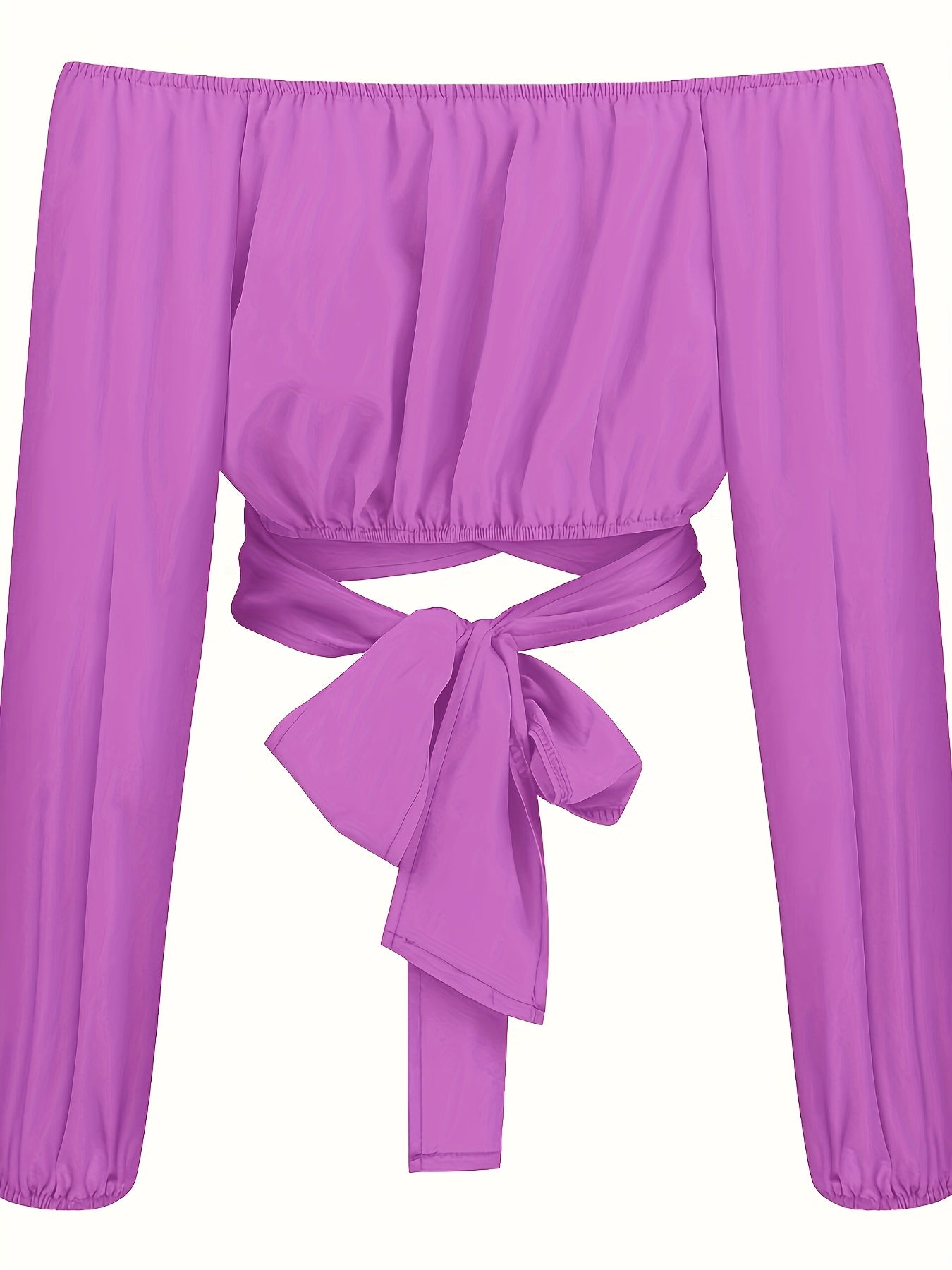 Solid Cross Tie Back Crop Blouse: Casual Off Shoulder Long Sleeve