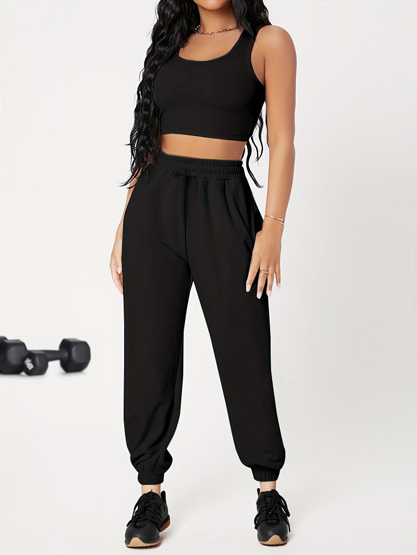 Sleek Strength Workout Set: Crew Neck Tank Top and Elastic Waist Jogger Pants