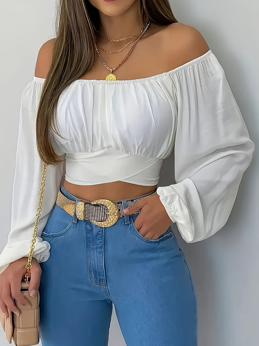 Chic Plus Size Off Shoulder Lace Up Crop Top - Trendy Long Sleeve Women's Blouse