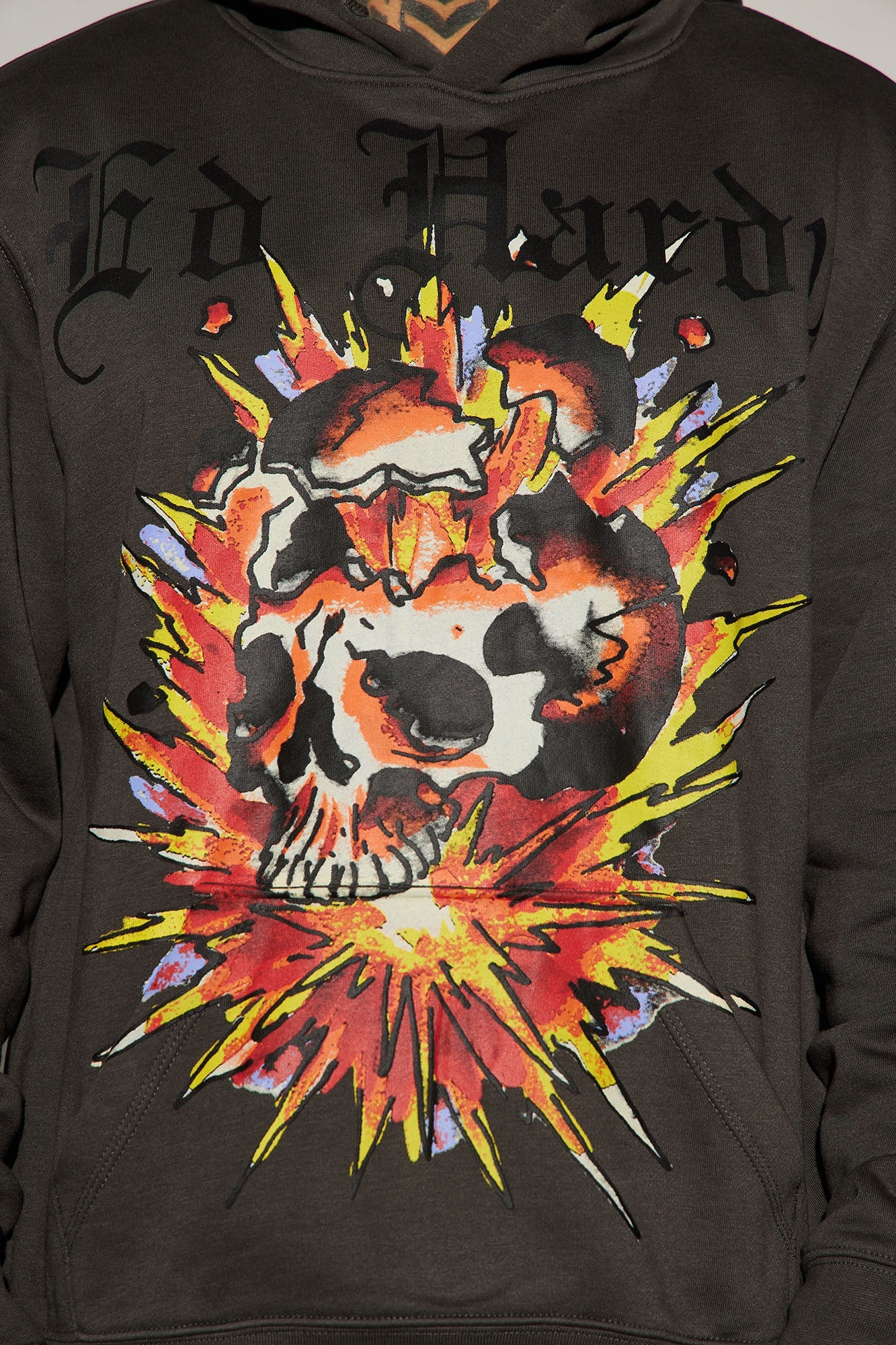 Ed Hardy Exploding Skull Hoodie in Charcoal – Rocker Chic Style