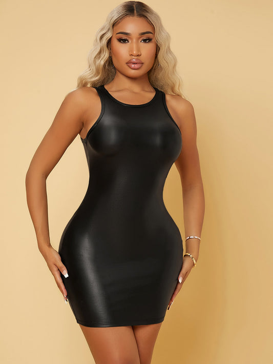 SXY Solid PU Leather Bodycon Dress