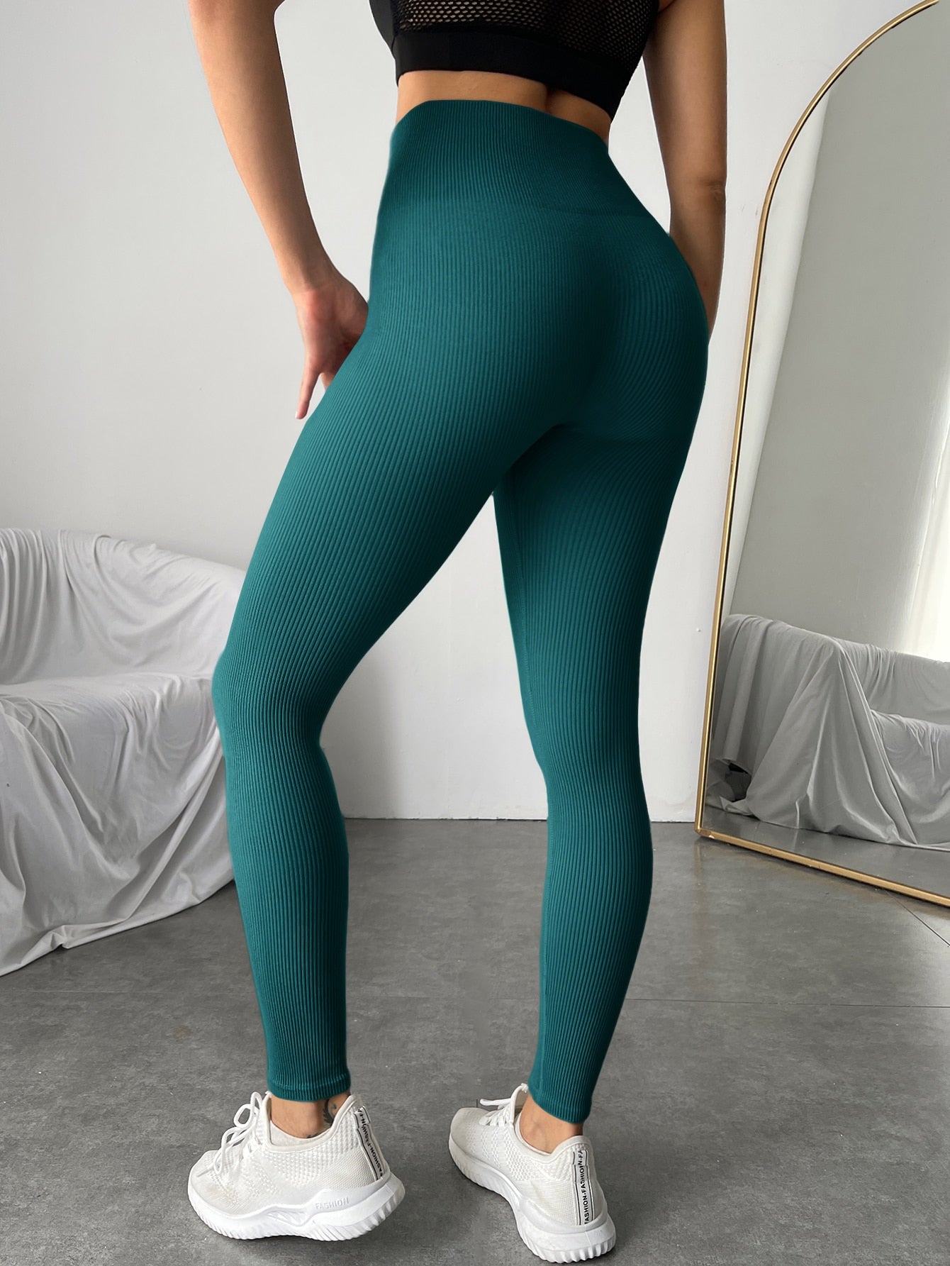 Yoga Leggings Seamless Rib Knit Tummy Control Training Tights With Wide Waistband Workout Leggings Spandex