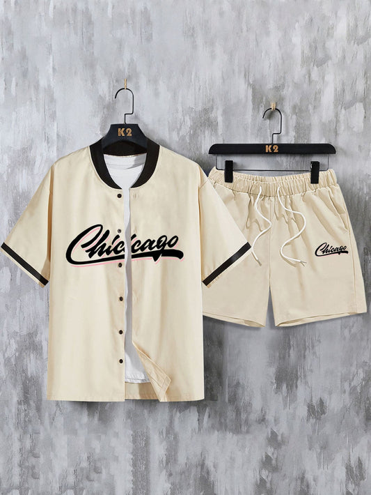 ARAKAR Sporty Men's Graphic Baseball Collar Shirt & Shorts Set
