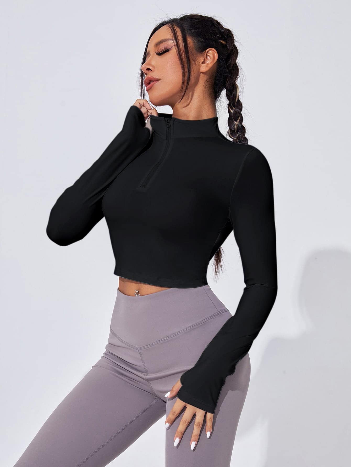 Yoga Basic Quick Dry Half Zipper Crop Sports Sweatshirt With Thumb Holes