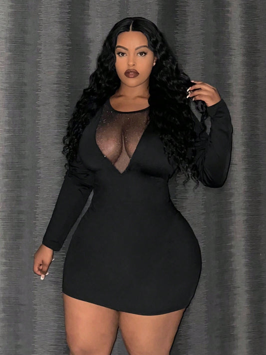 Slayr Women's Plus Size Elegant Sexy Tight Solid Color Mesh Splice Neckline Mini Dress With Sheer Detail