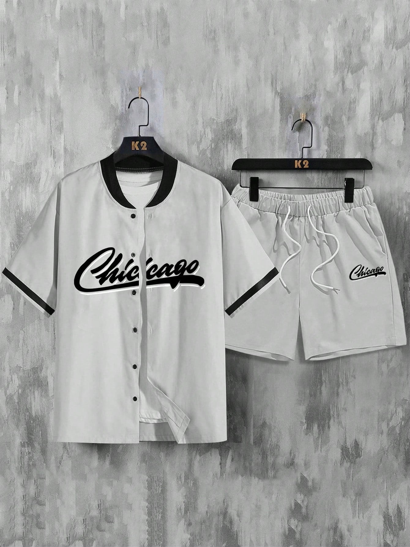 ARAKAR Sporty Loose Fit Men's Graphic Baseball Collar Shirt & Drawstring Waist Shorts (Without Tee)
