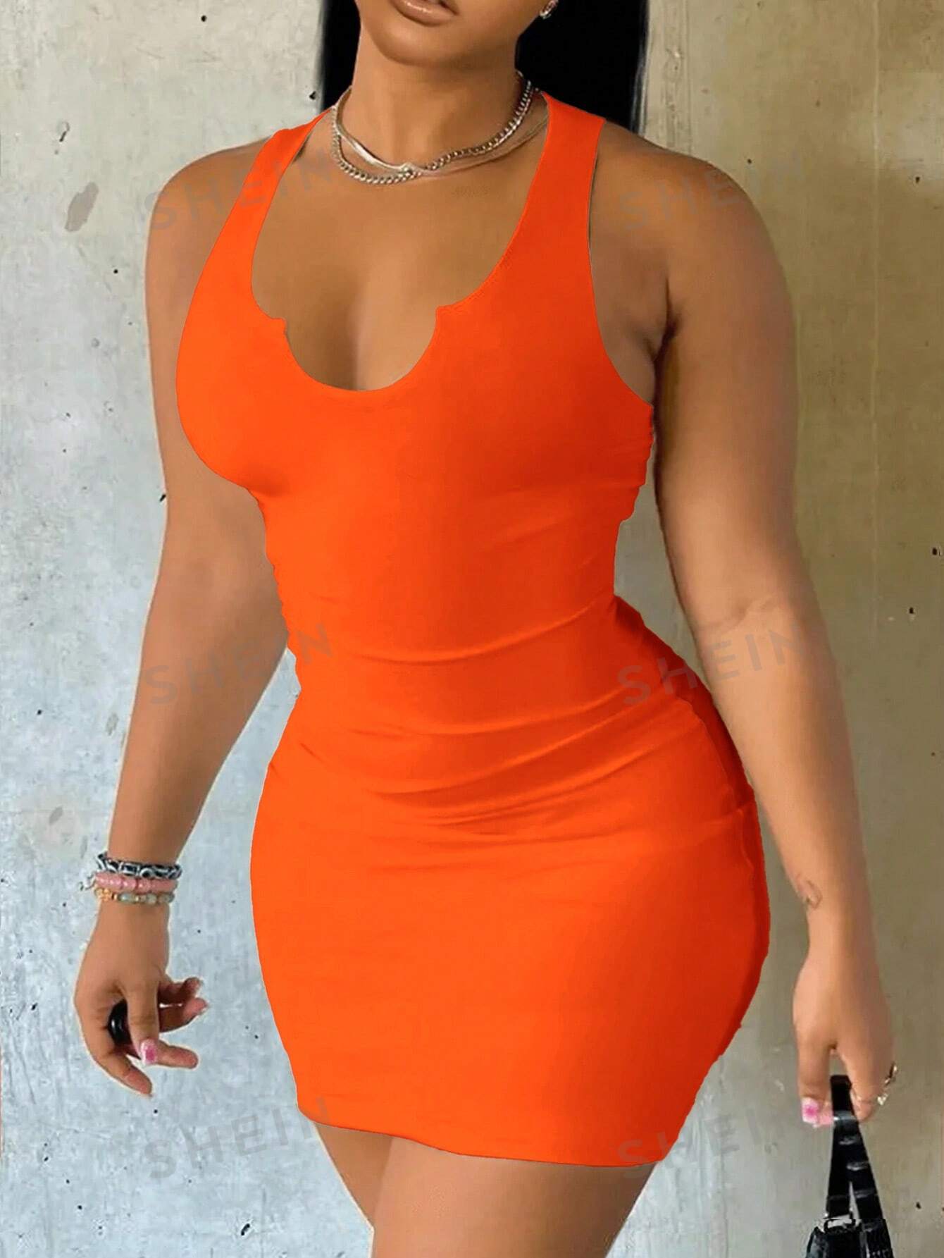 Sleeveless Slim Fit Plus Size Women's Dress In Orange