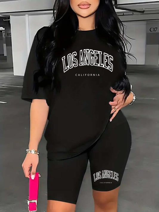 Los Angeles Graphic Crew Neck Sports T-Shirt and Shorts Set: Women's Casual Activewear for a Stylish Look