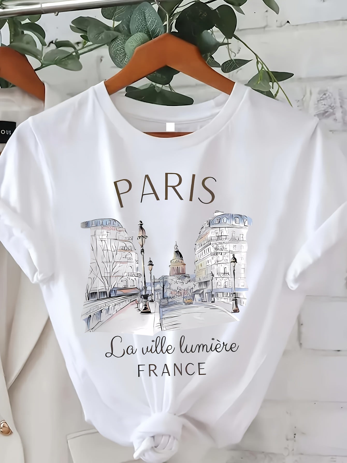 Paris Print Short Sleeve Crew Neck Tee - Women's Casual Top