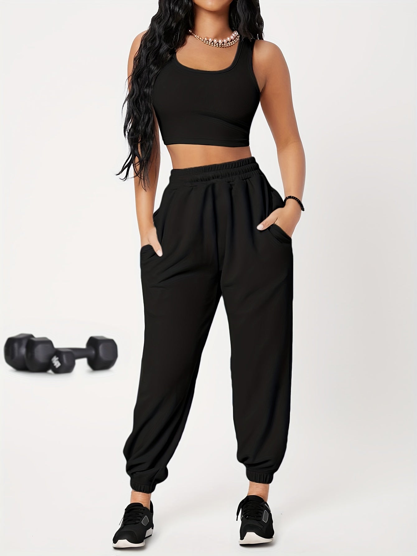 Sleek Strength Workout Set: Crew Neck Tank Top and Elastic Waist Jogger Pants