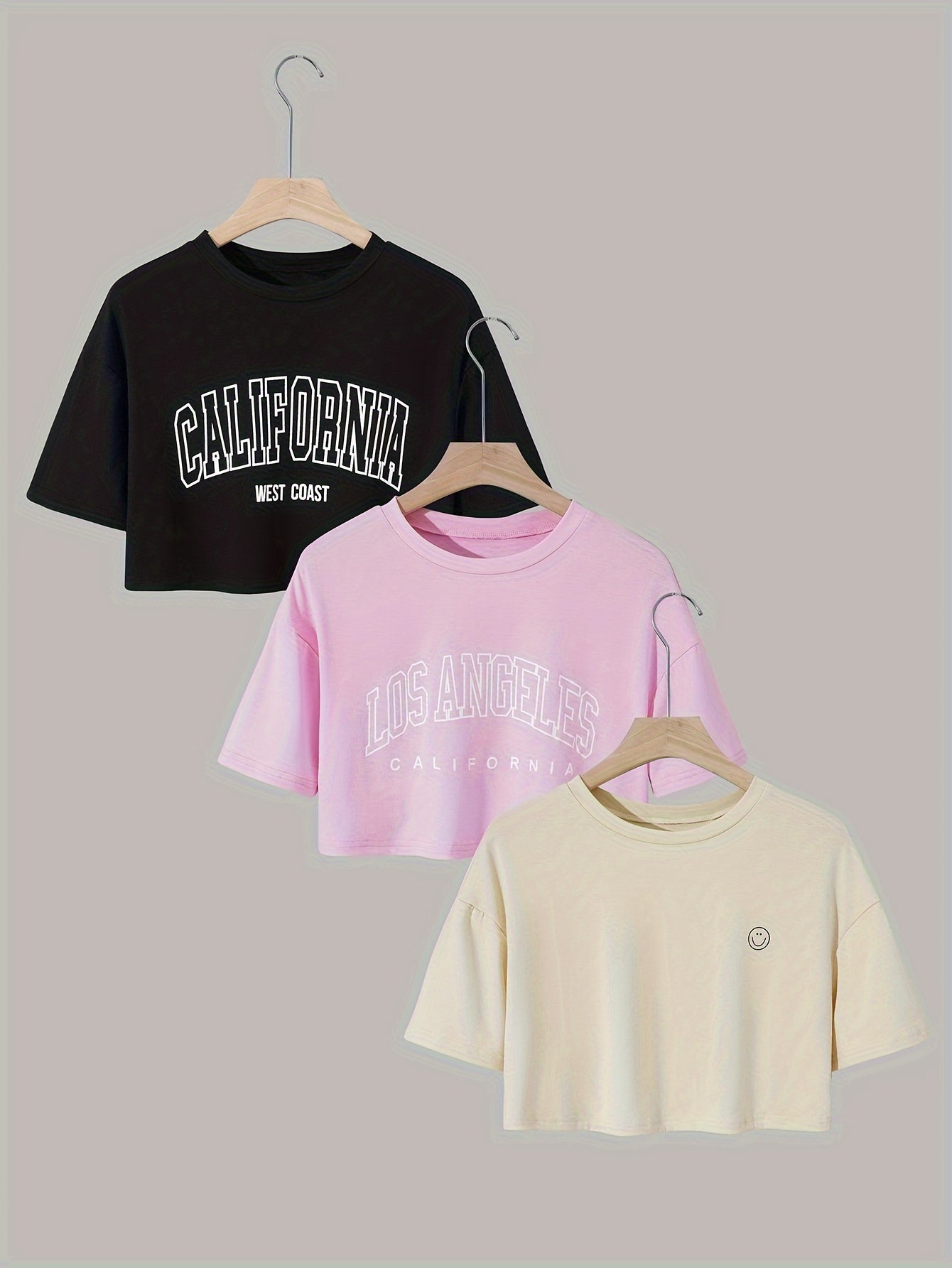 Spring into Style: 3 Pc. Crew Neck Crop T Shirts for Women's Casual Wear