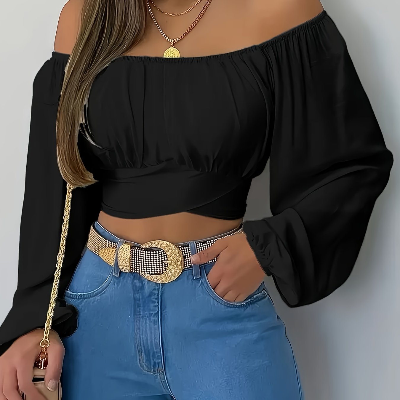 Chic Plus Size Off Shoulder Lace Up Crop Top - Trendy Long Sleeve Women's Blouse