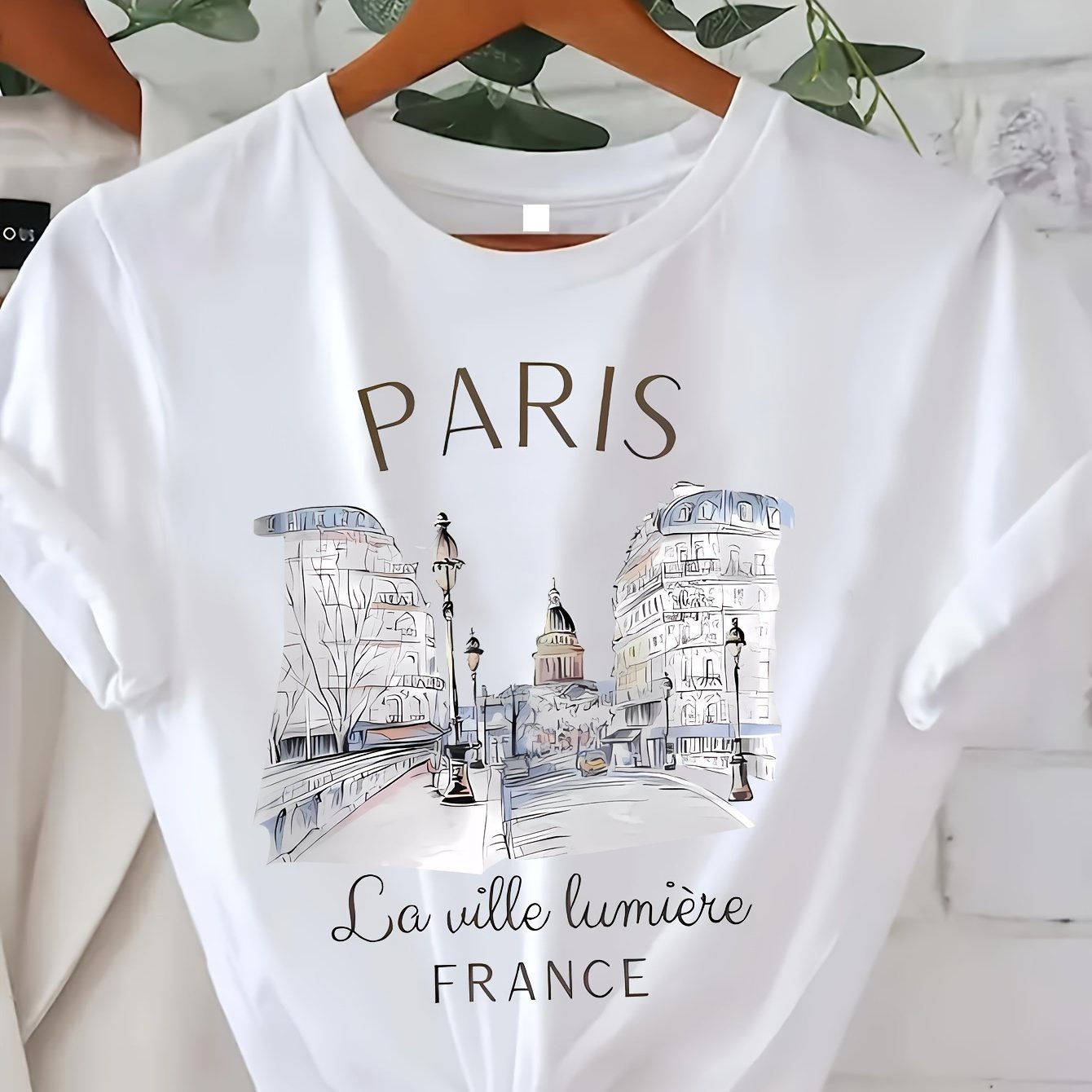 Paris Print Short Sleeve Crew Neck Tee - Women's Casual Top