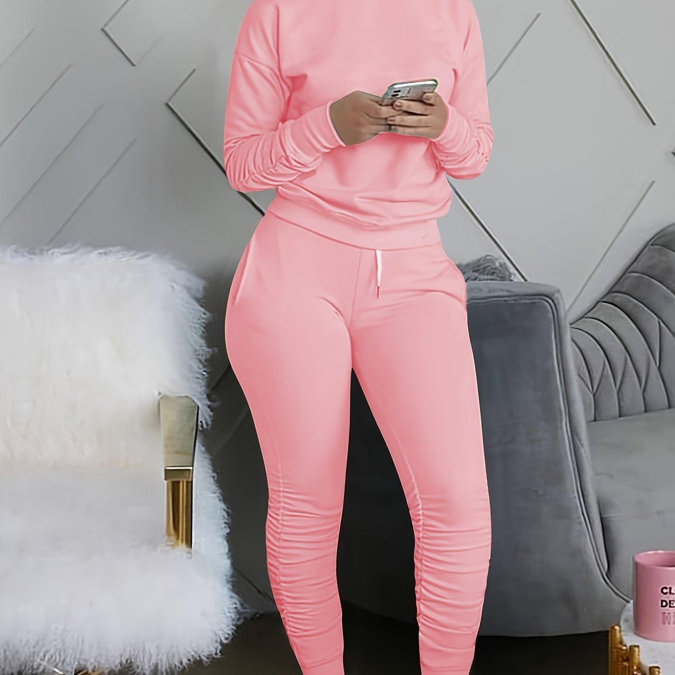 Comfy Chic: Casual Workout Two Piece Set with Round Neck Tops and Fashion Pocket Pants