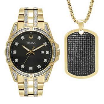 Bold and Elegant: Bulova Men's Crystal Watch with Dog Tag Pendant Set