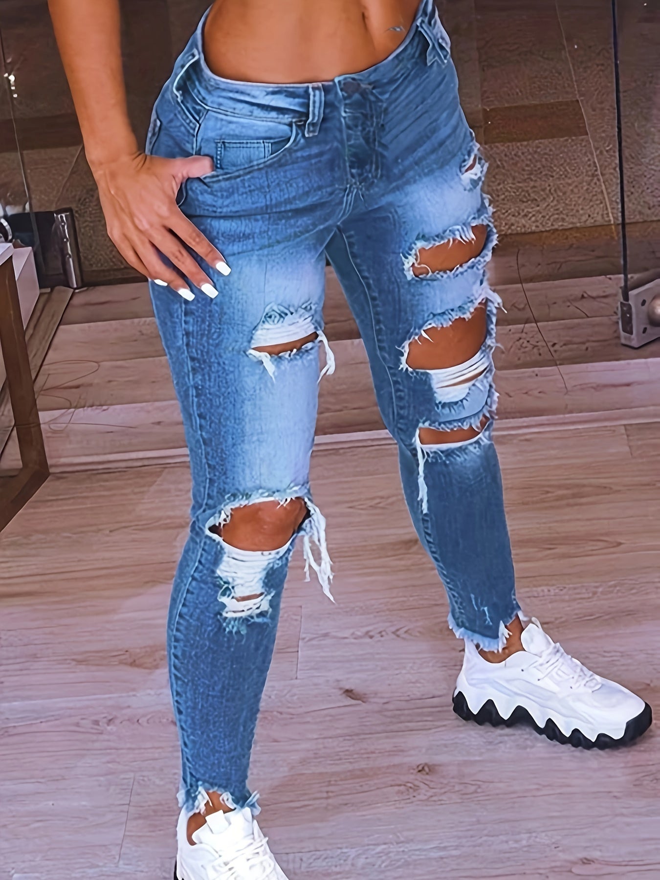 Classic Blue Distressed Skinny Denim: Women's Plus Size Ripped Jeans