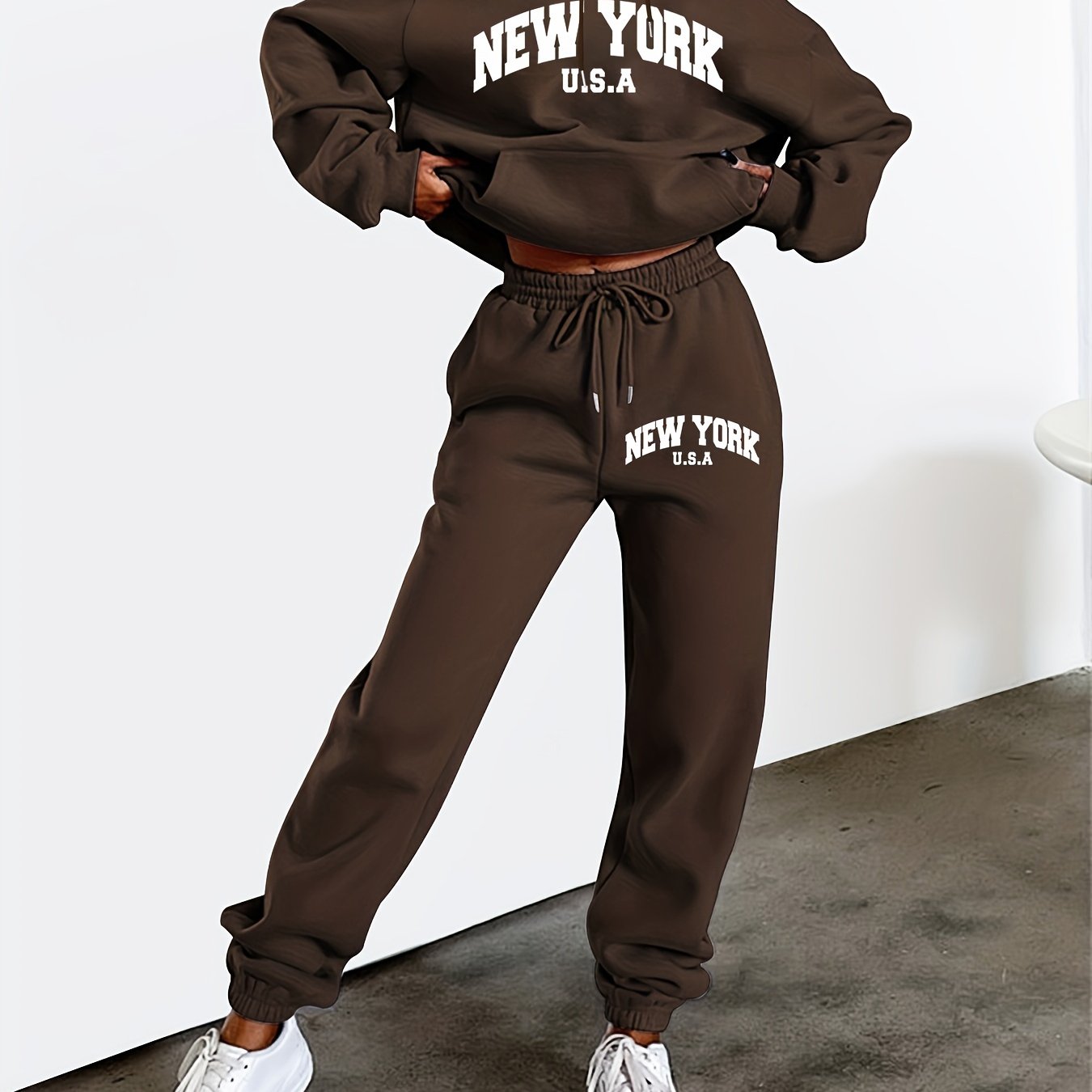 Women's Trendy Hooded Tracksuit Set: Long Sleeve Sweatshirt and Sport Pants - Sporty Style with Letter Print Drawstring - Micro-Elastic - Fashionably Casual