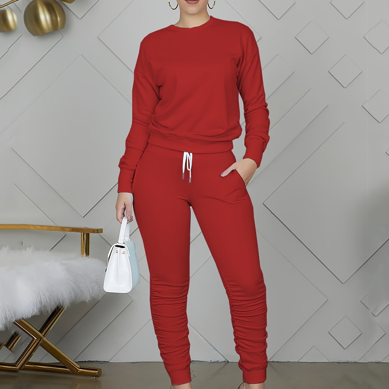 Comfy Chic: Casual Workout Two Piece Set with Round Neck Tops and Fashion Pocket Pants