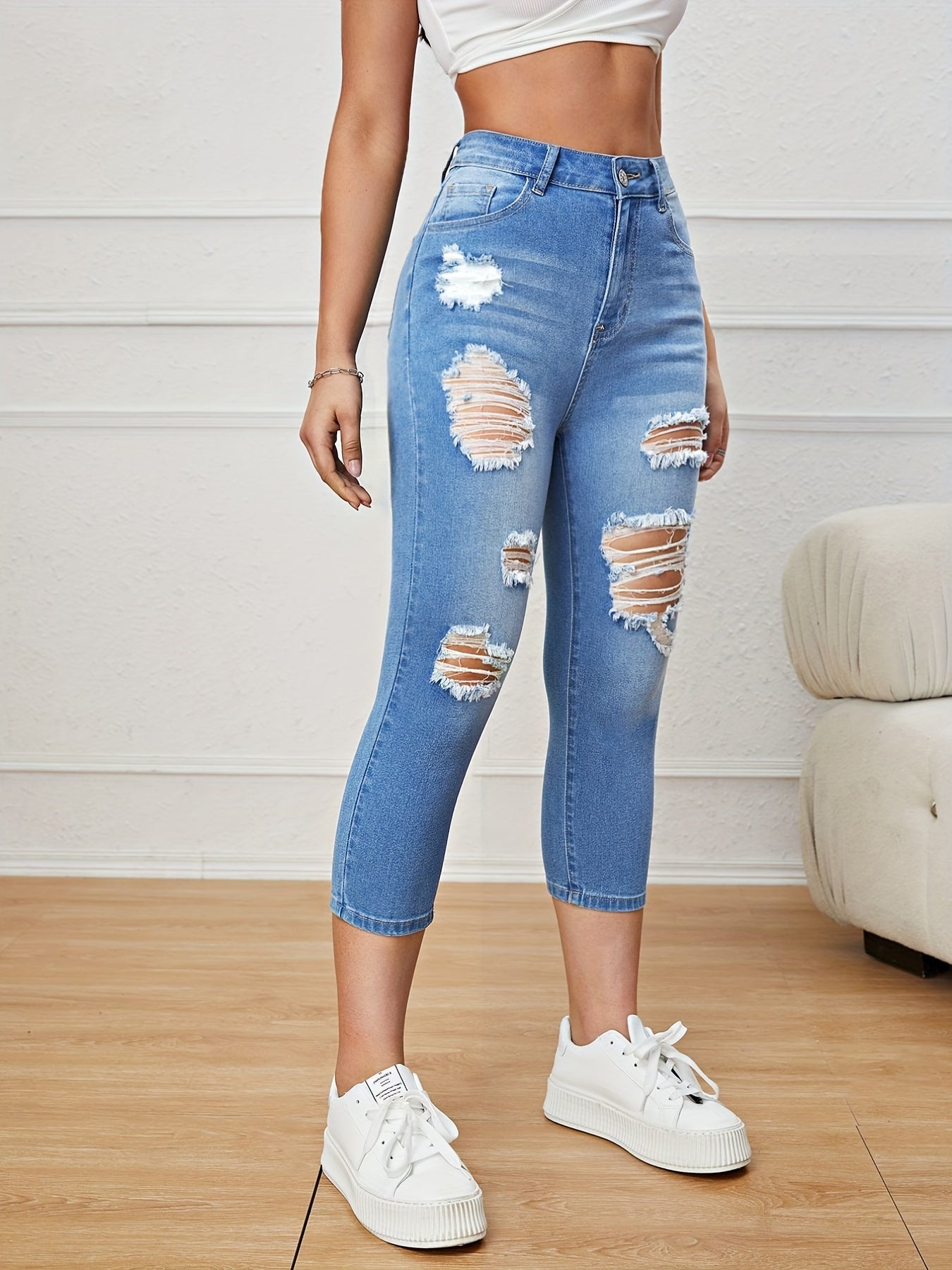 Blue Ripped Holes Skinny Jeans: Slim Fit, Slash Pockets, Slight Stretch Capris