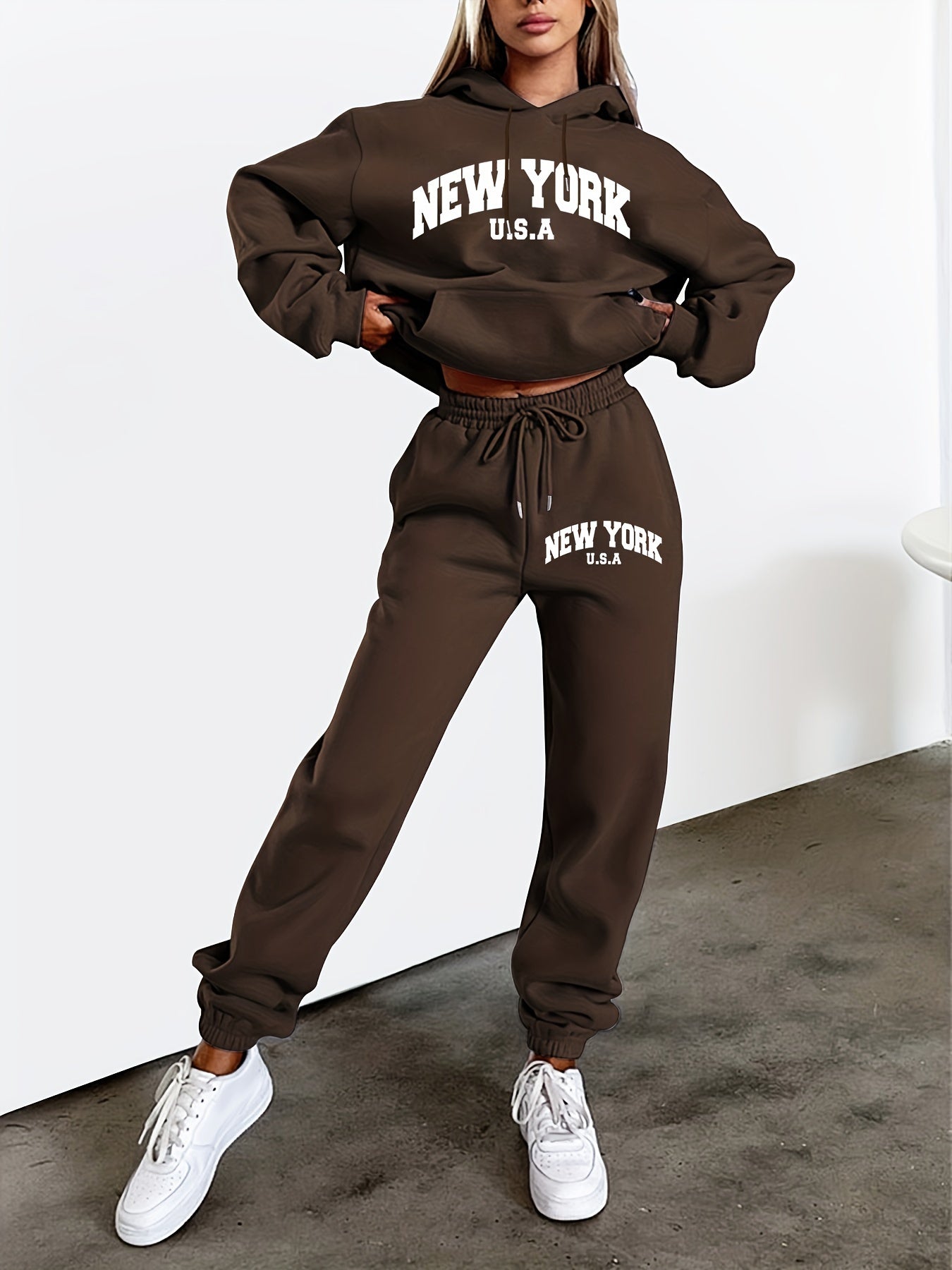 Women's Trendy Hooded Tracksuit Set: Long Sleeve Sweatshirt and Sport Pants - Sporty Style with Letter Print Drawstring - Micro-Elastic - Fashionably Casual