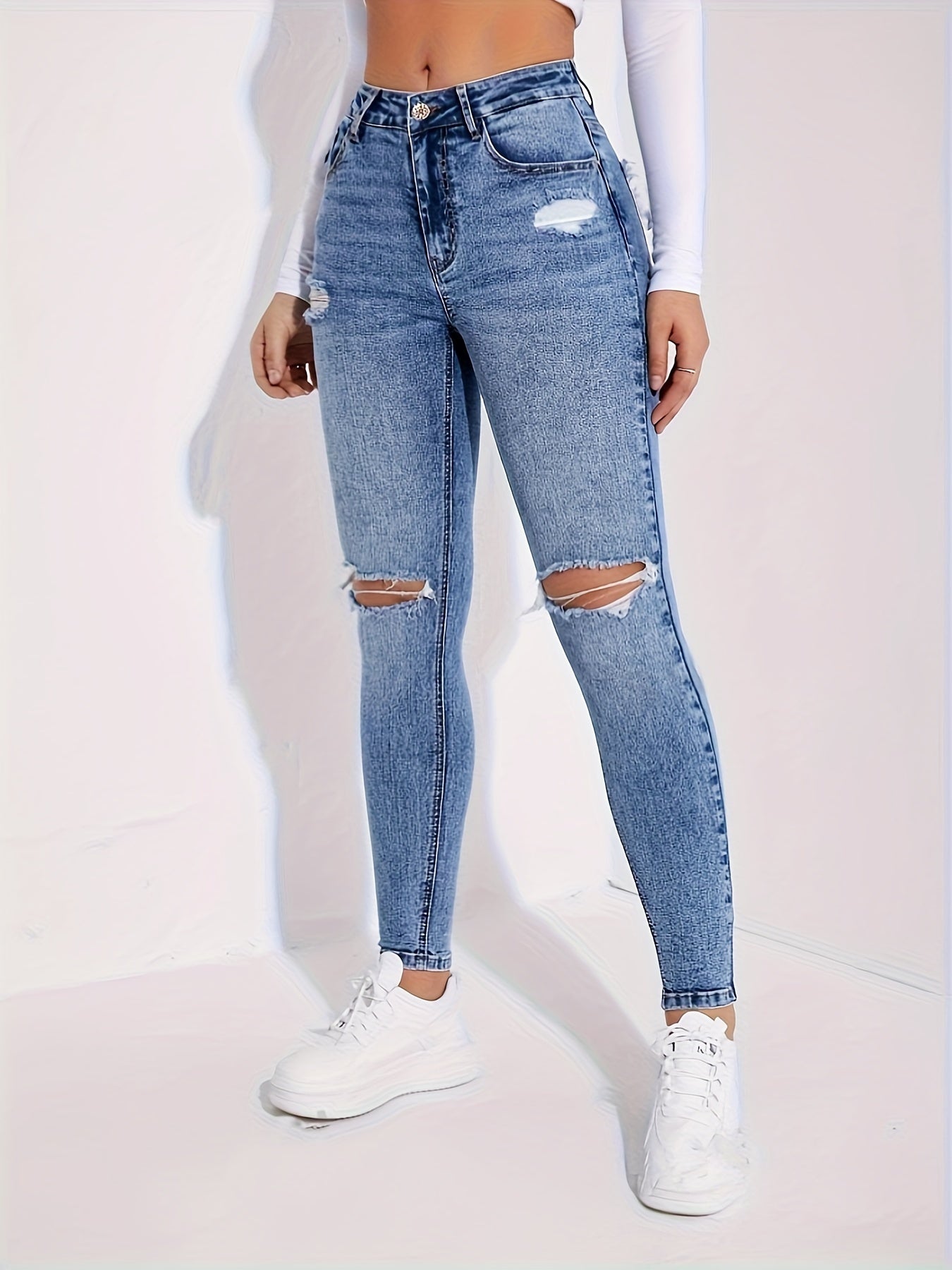 Distressed Washed Blue Ripped Skinny Fit Jeans: Women's Denim