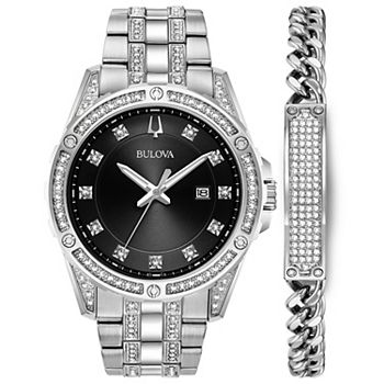 Bulova Men's Stainless Steel Crystal Accented Watch with ID Bracelet Gift Box Set