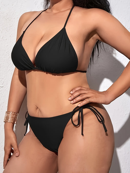 Backless Beauty: Plus Size Black Halter Bikini Set