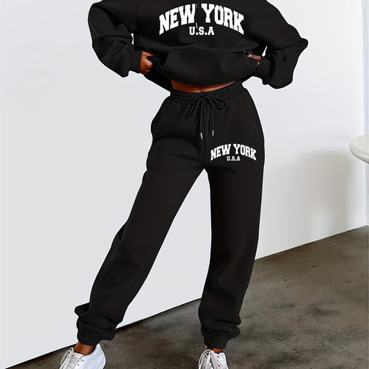 Women's Trendy Hooded Tracksuit Set: Long Sleeve Sweatshirt and Sport Pants - Sporty Style with Letter Print Drawstring - Micro-Elastic - Fashionably Casual