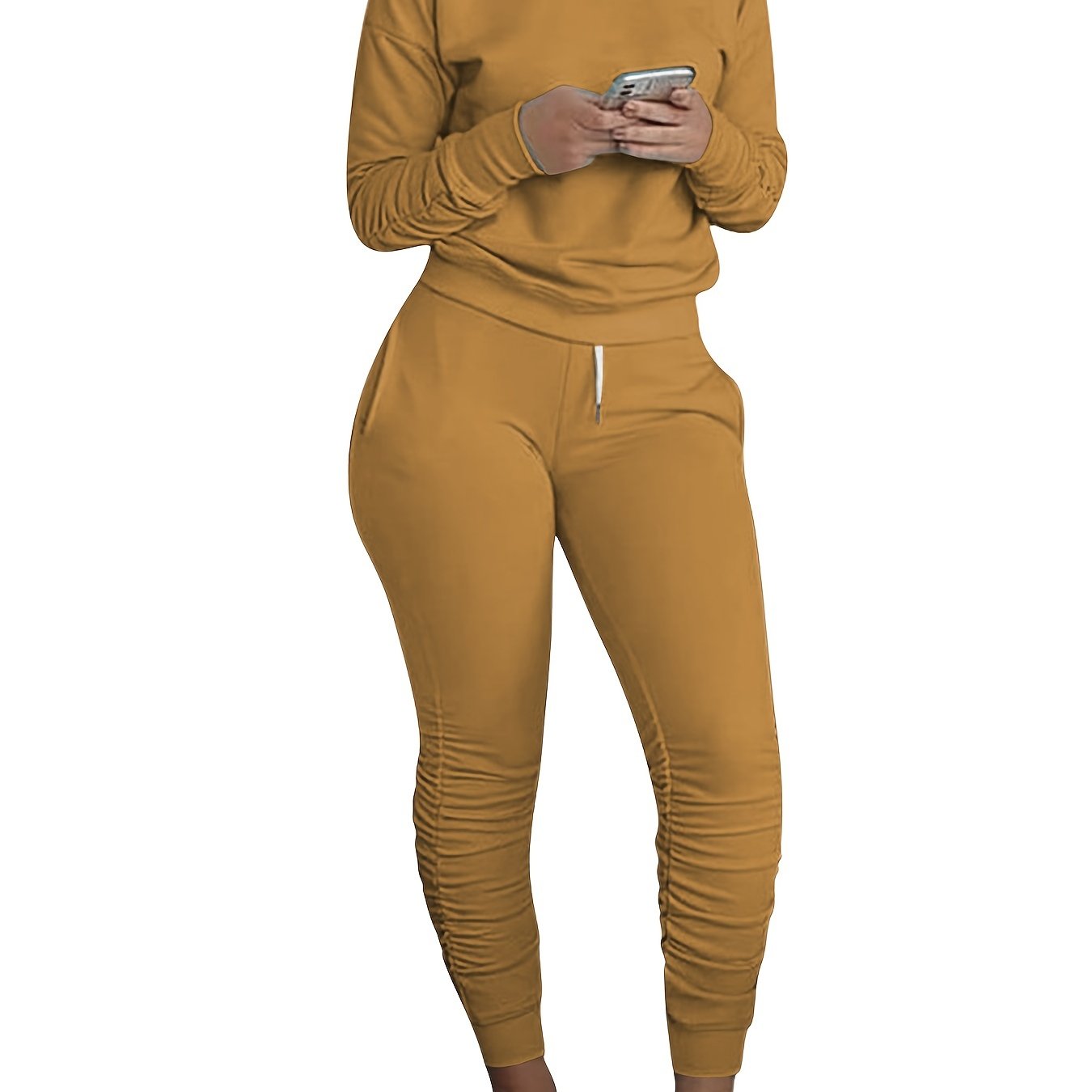 Comfy Chic: Casual Workout Two Piece Set with Round Neck Tops and Fashion Pocket Pants