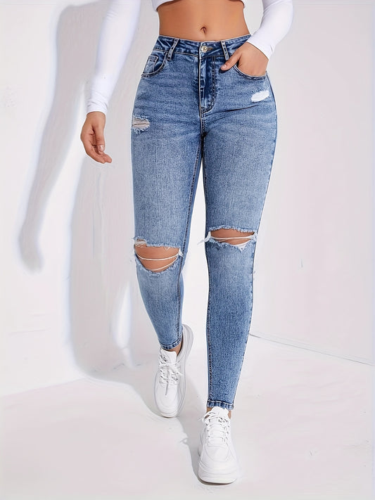 Distressed Washed Blue Ripped Skinny Fit Jeans: Women's Denim