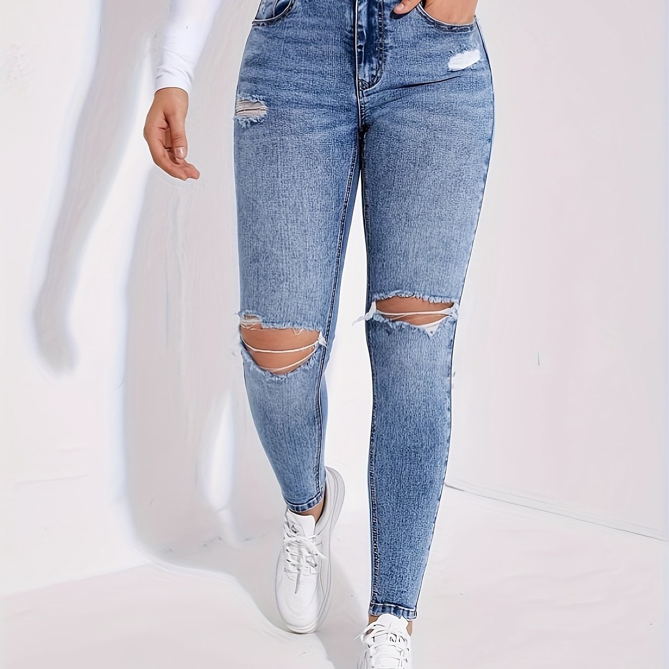 Distressed Washed Blue Ripped Skinny Fit Jeans: Women's Denim