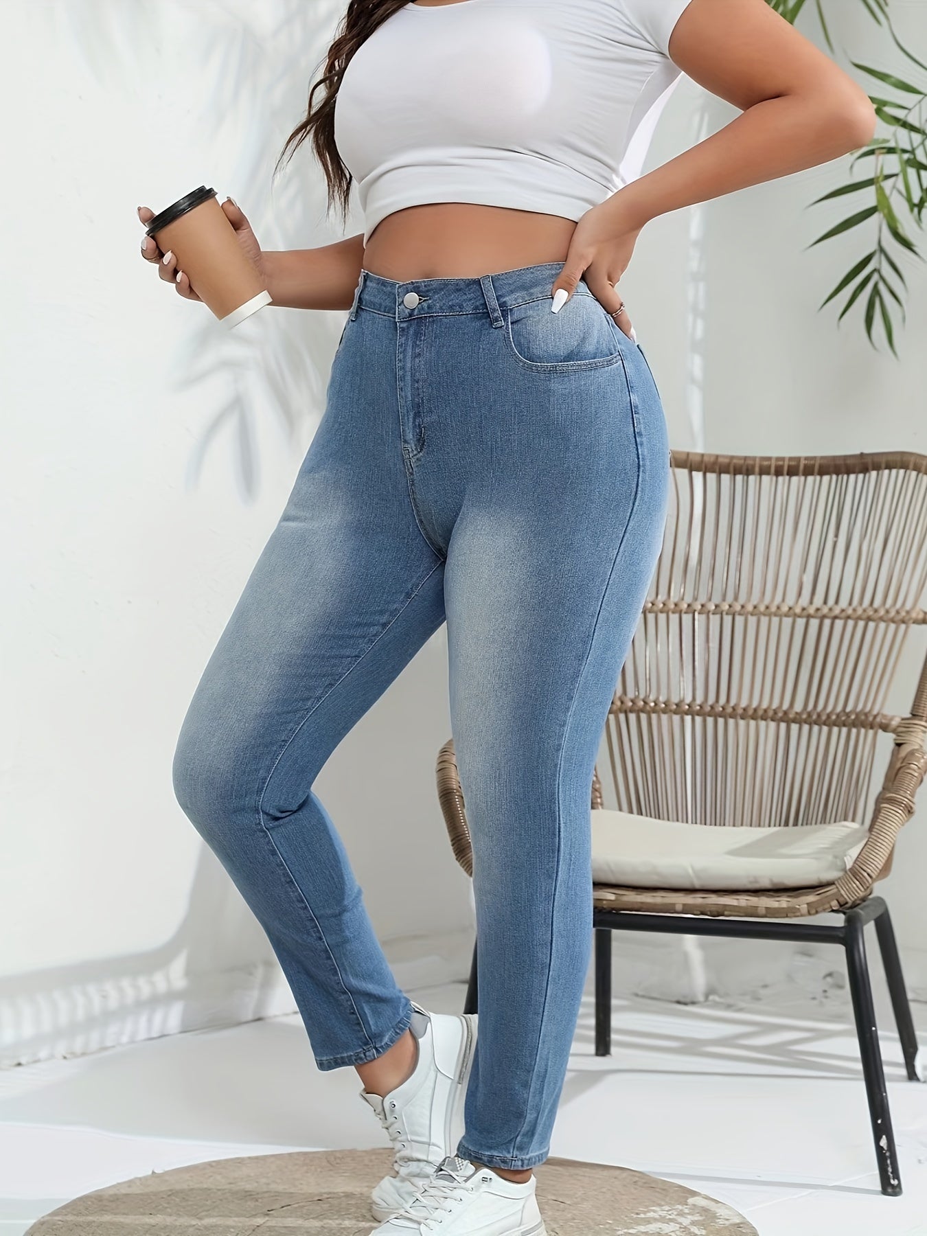 Street Style Chic: Women's High Waist Light Blue Washed Straight Leg Jeans