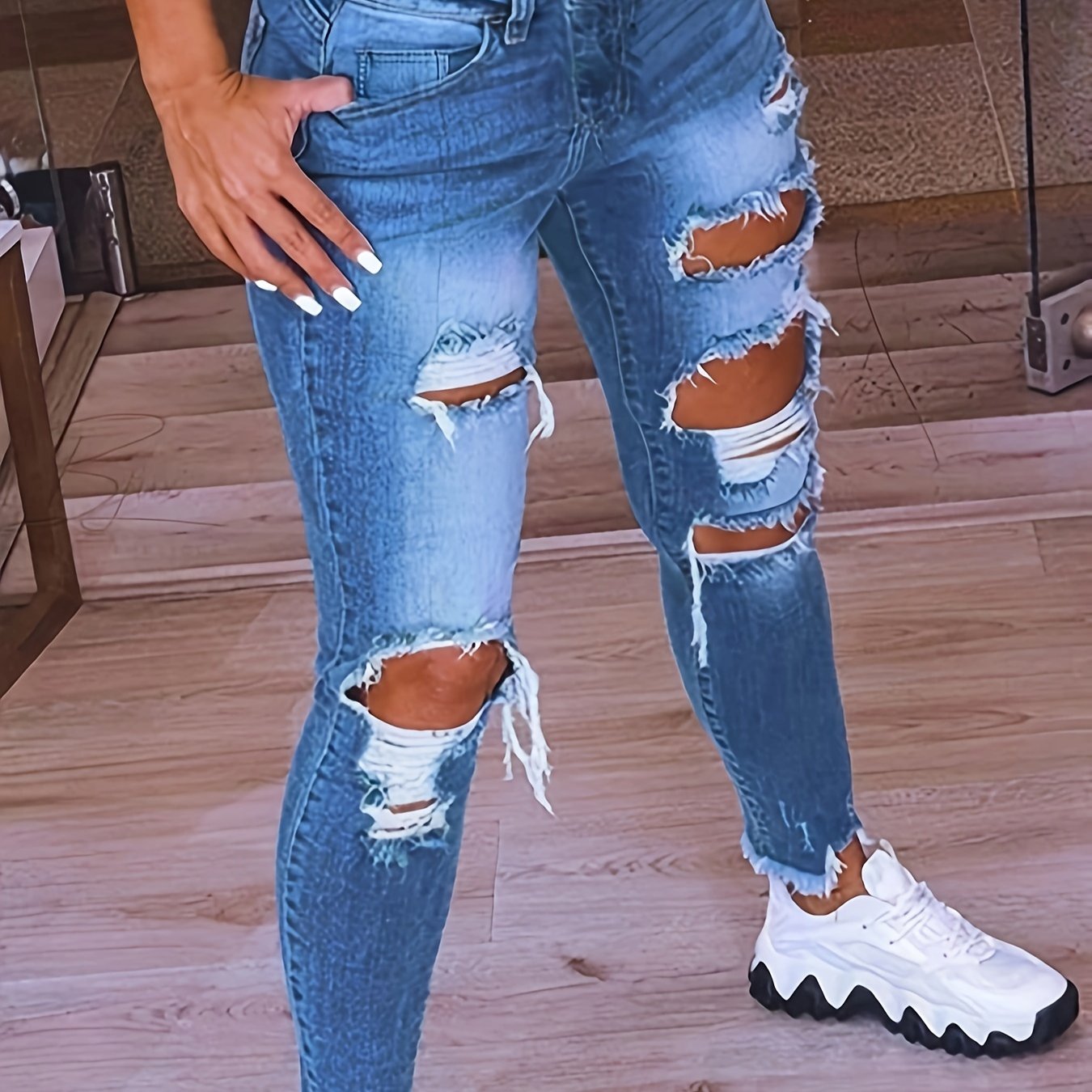 Classic Blue Distressed Skinny Denim: Women's Plus Size Ripped Jeans