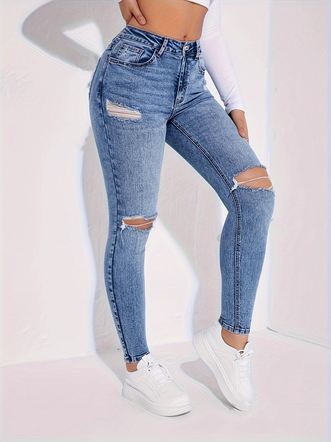 Distressed Washed Blue Ripped Skinny Fit Jeans: Women's Denim