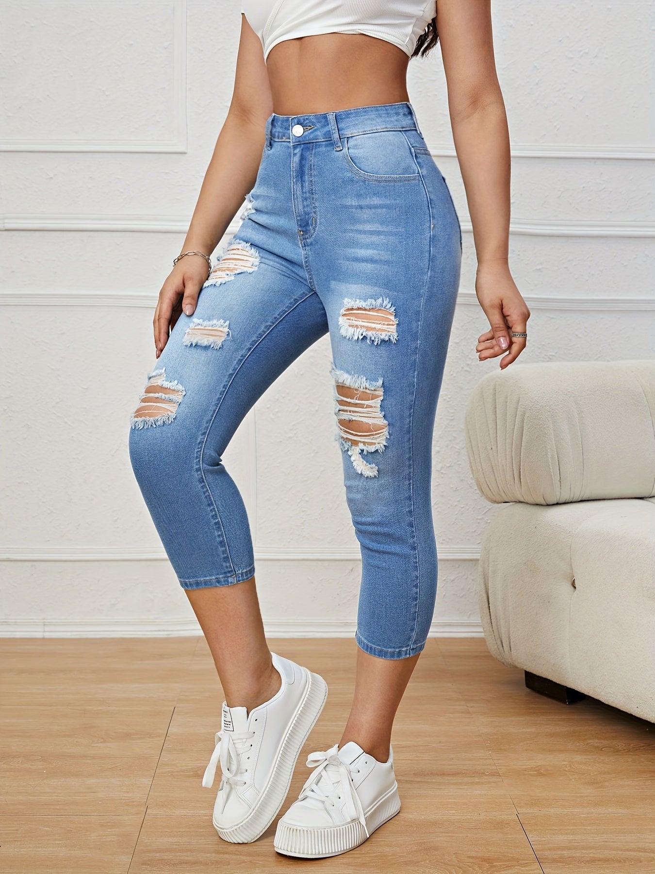 Blue Ripped Holes Skinny Jeans: Slim Fit, Slash Pockets, Slight Stretch Capris